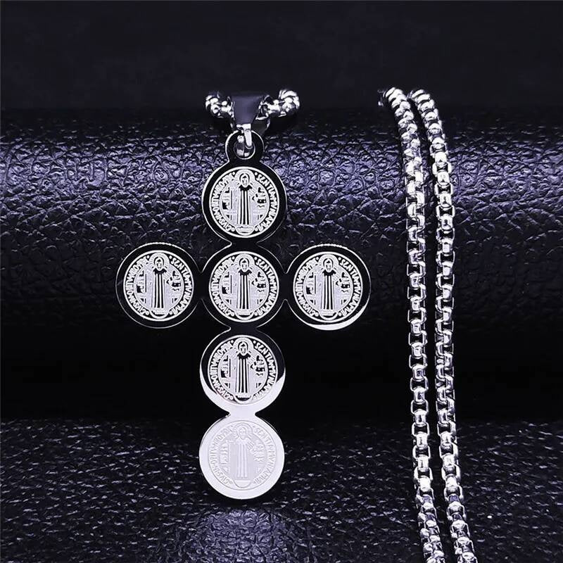 316L Stainless Steel Saint Benedict Cross Necklace Chain Pendant For Men Jewelry Silver