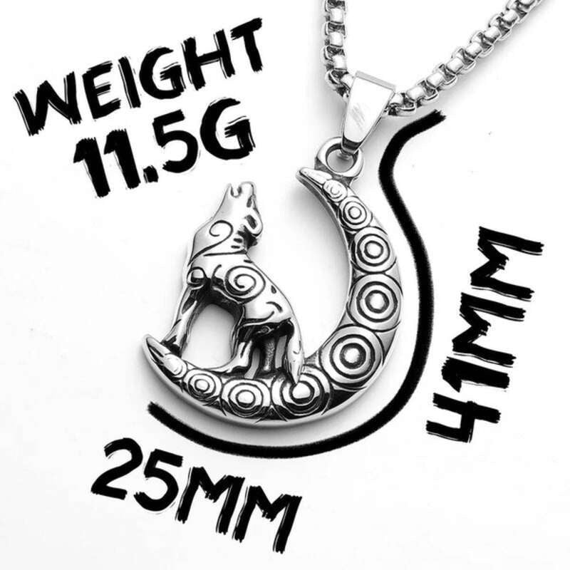 Howling Wolf and Moon Pendant Necklace, Tribal-Inspired Silver Jewelry with Spiraled Design