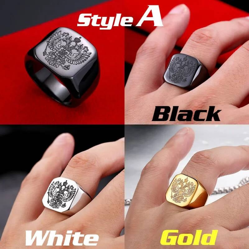 Russian Coat of Arms Signet Ring – Polished 316L Stainless Steel Biker Band