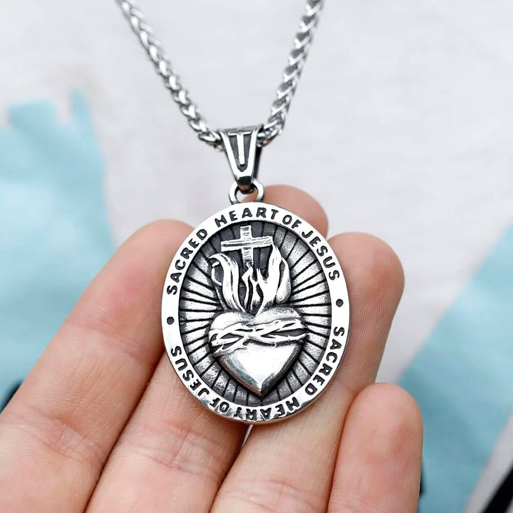 Sacred Heart of Jesus Pendant Necklace - Stainless Steel Christian Jewelry