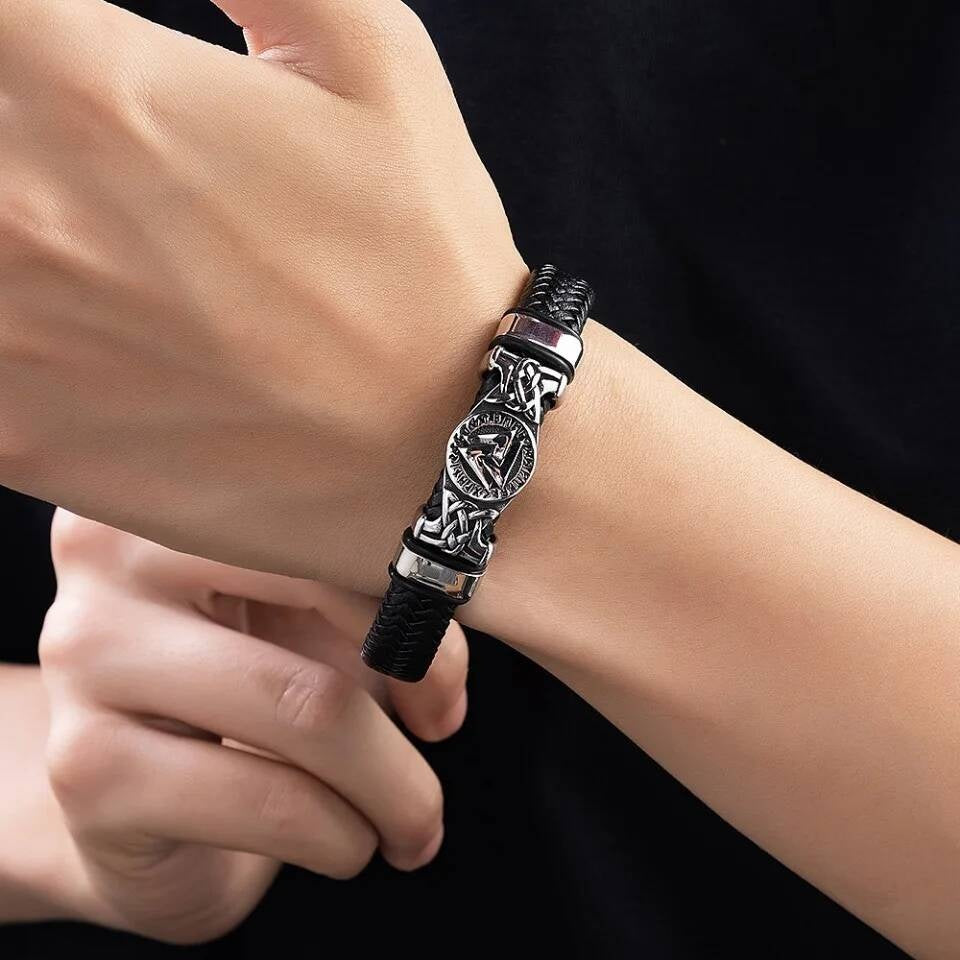 Viking Rune Leather Bracelet – Norse Symbol Stainless Steel & Braided Leather Wristband