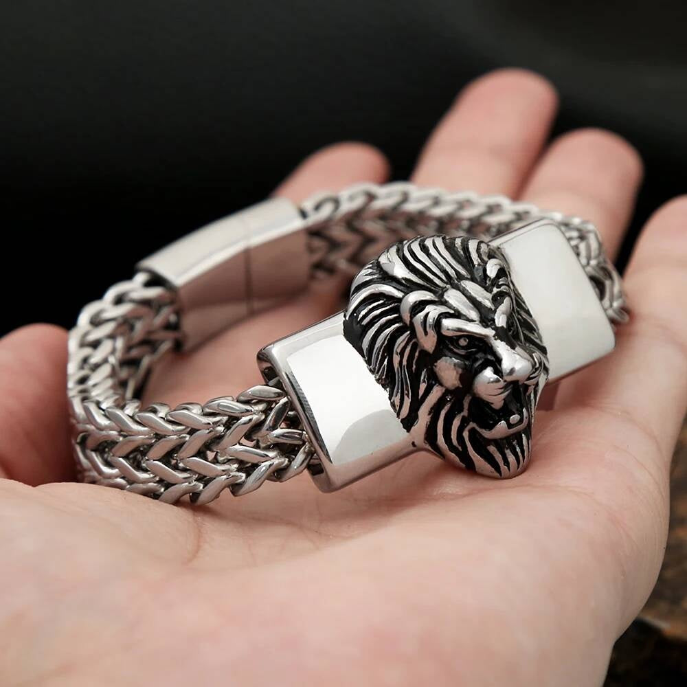 Lion Head Stainless Steel Chain Bracelet – Bold King of the Jungle Jewelry