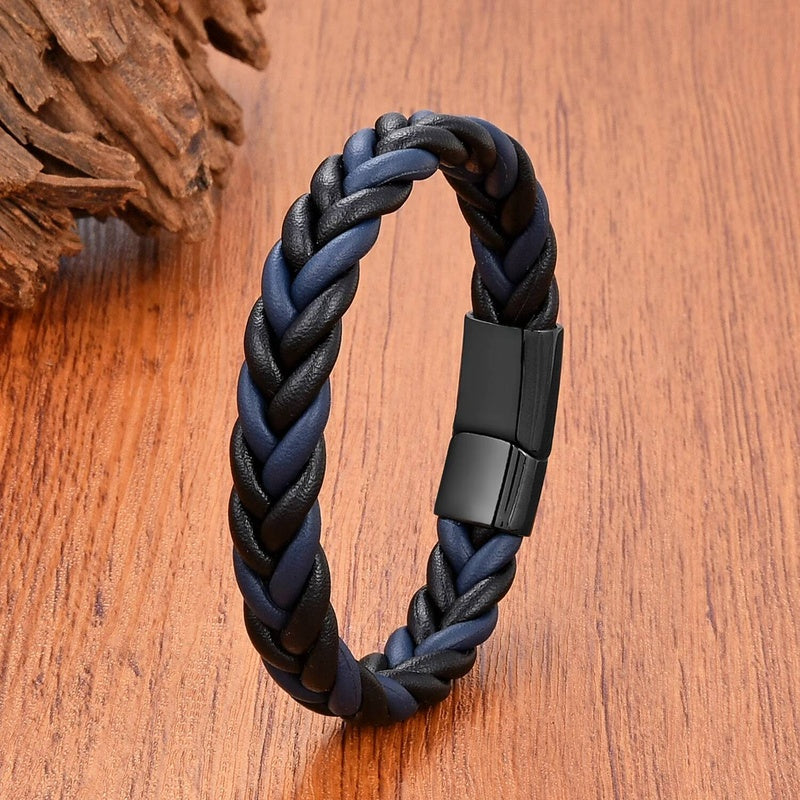 Retro Punk Style Men Gift Jewelry Braided Leather Rope Bracelets Stainless Steel Magnetic Buckle Personalized Bracelet Style E-Black