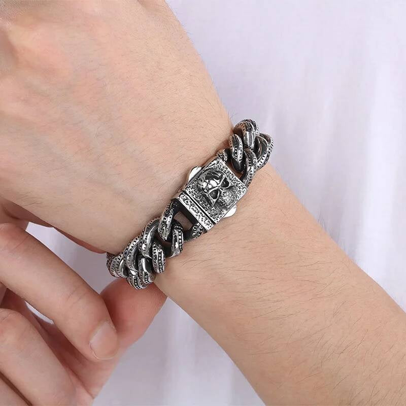 15mm Vintage Cuban Chain Bracelet With Skull Charm Clasp Steel Color 21.5cm