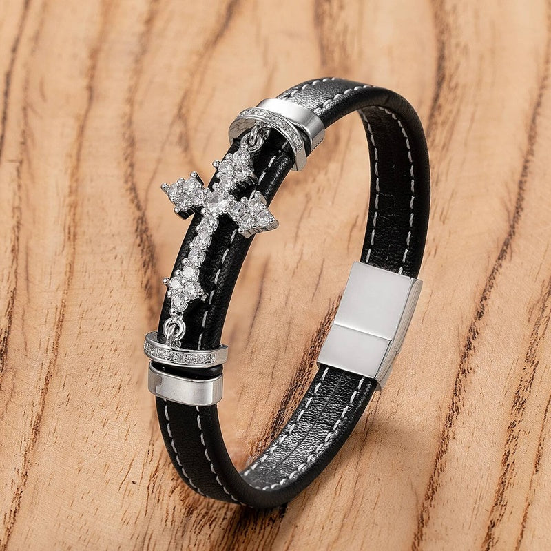Black Leather Cross with Diamond Bracelet for Faith Gifts White