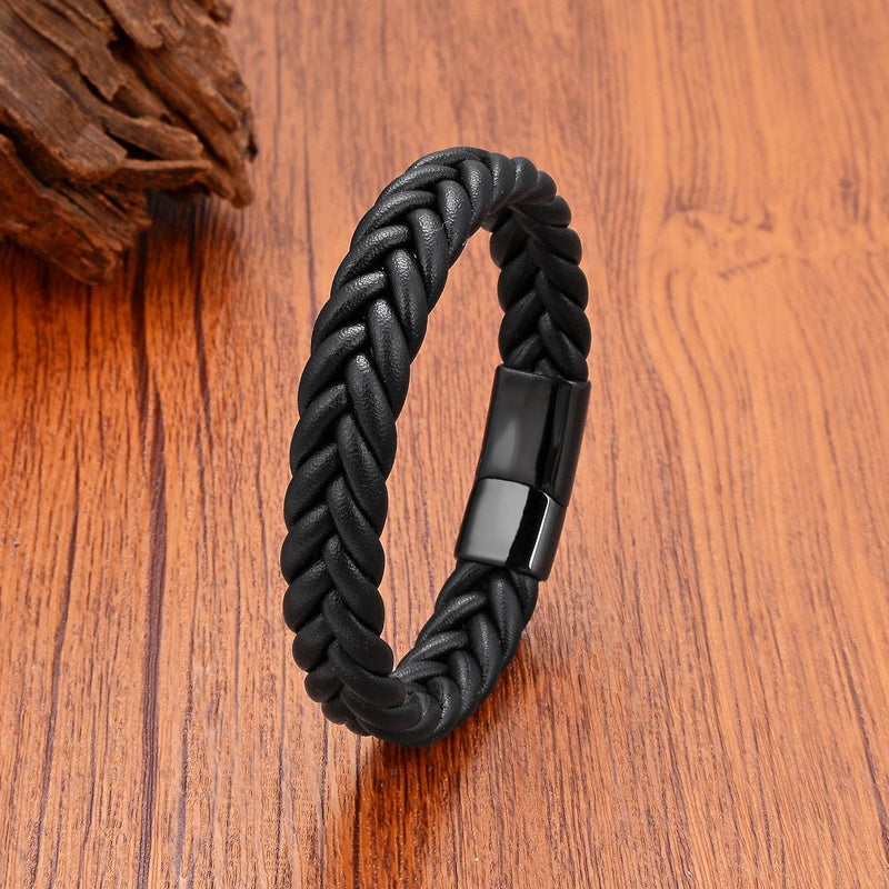 Black Braided Leather Bracelet with Green Jade Beads - Stylish Multi-Layer Magnetic Clasp Jewelry for Casual Wear and Gifts Black Leather-Black