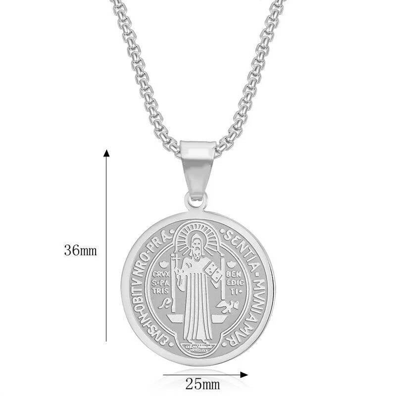 316L Stainless Steel San Benito Medal Pendant Chain Necklace Father Saint Benedict Religious Jewelry Accessories