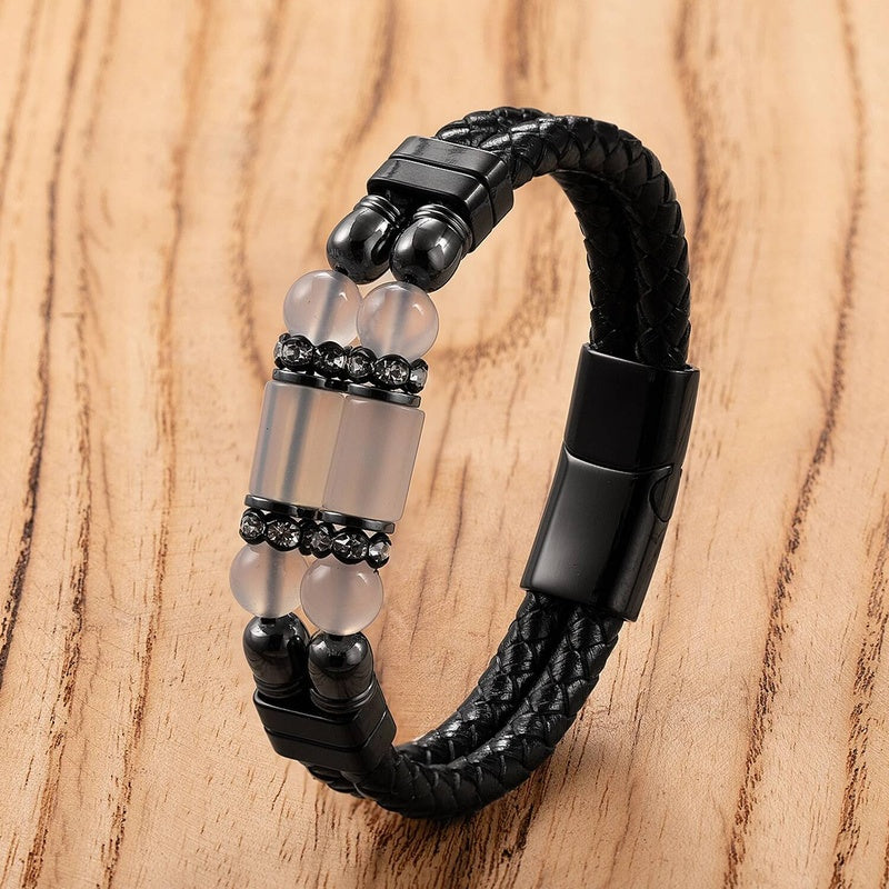 Black Braided Leather Bracelet with Green Jade Beads - Stylish Multi-Layer Magnetic Clasp Jewelry for Casual Wear and Gifts Agate-G