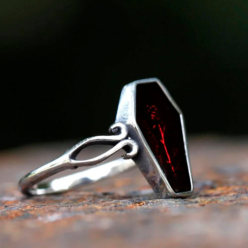 Coffin Flower Resin Ring - Gothic Stainless Steel Unisex Biker Jewelry Gift