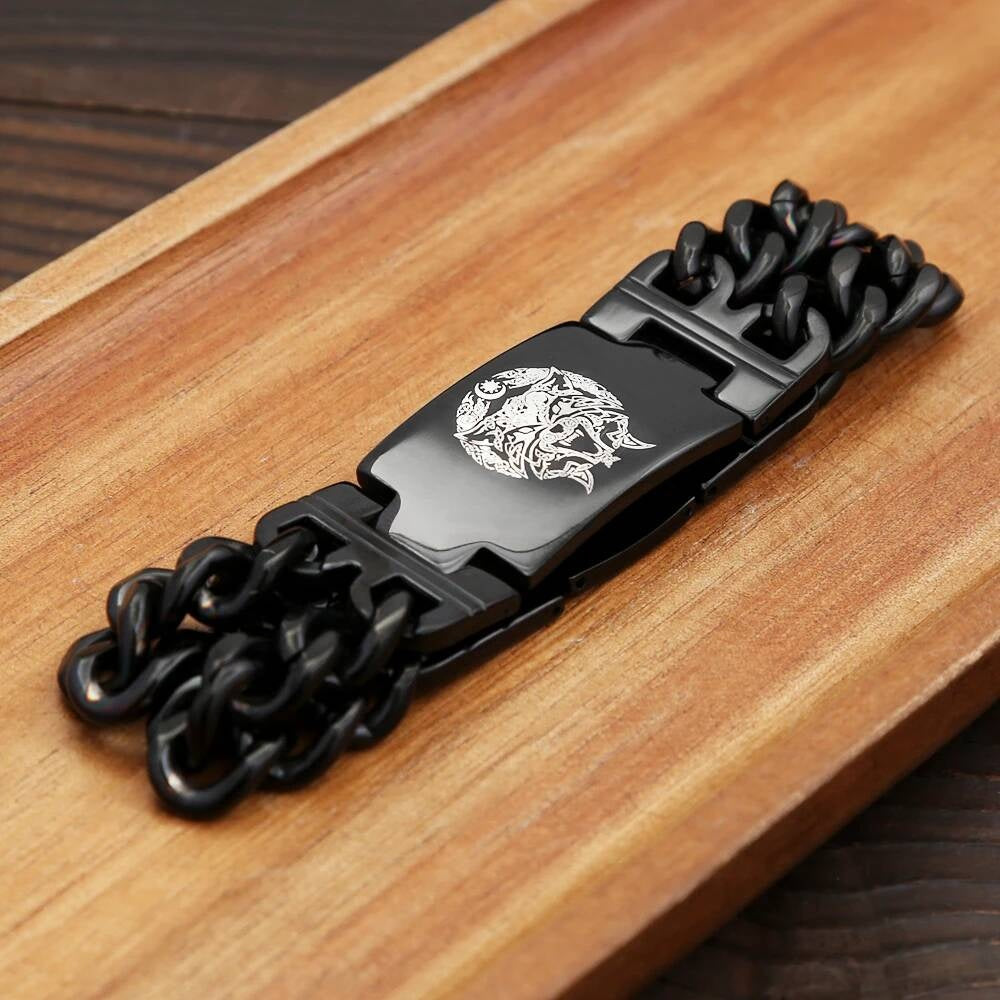 Black Stainless Steel Wolf Head Bracelet – Viking Chain