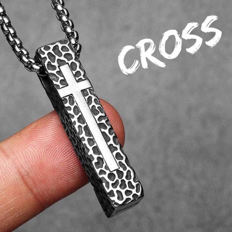316L Stainless Steel Hammered Bar Cross Pendant Necklace N1383-With Chain