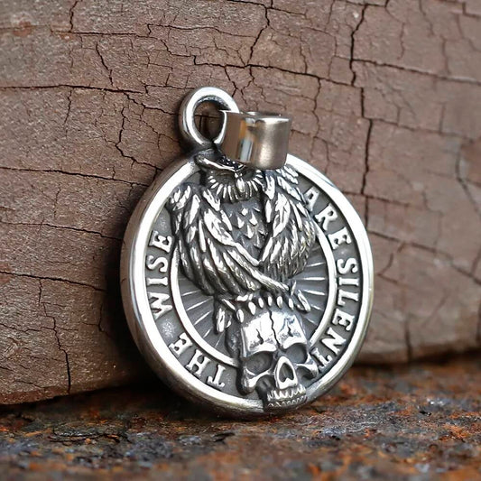 "The Wise Are Silent" Skull & Raven Pendant Necklace - Gothic Stainless Steel Jewelry