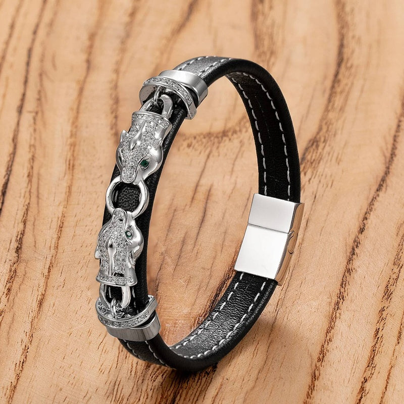 Style Classic Animal Leopard Head Hand Leather Braided Stainless Steel Bracelet For Man Woman Daily Wear Jewelry Gift White-A