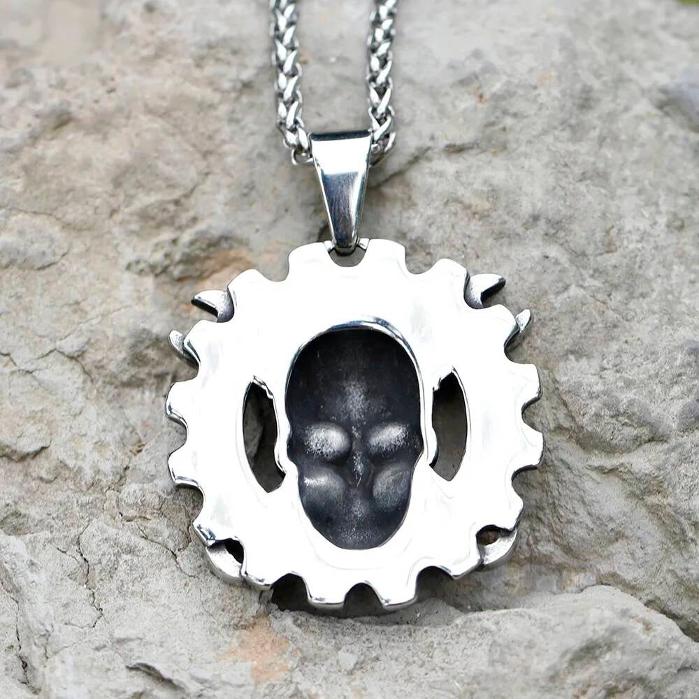Skull with Wrenches Pendant Necklace, Industrial and Gothic Silver Jewelry