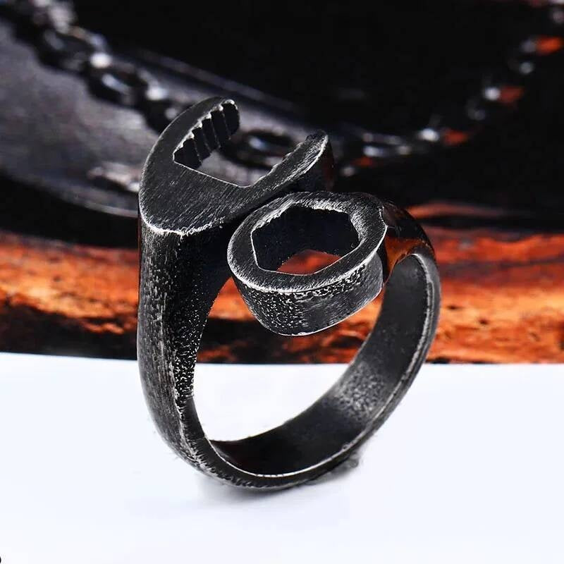 Wrench and Nut Ring – Stainless Steel Mechanic Biker Jewelry for Men