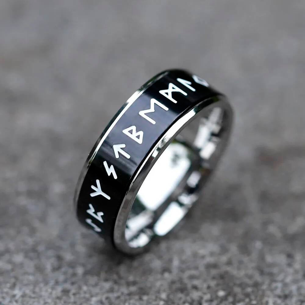 Rotatable Viking Rune Ring – 316L Stainless Steel Multicolor Amulet Band black