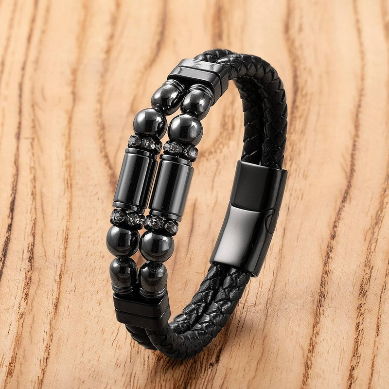 Black Braided Leather Bracelet with Green Jade Beads - Stylish Multi-Layer Magnetic Clasp Jewelry for Casual Wear and Gifts Hematite