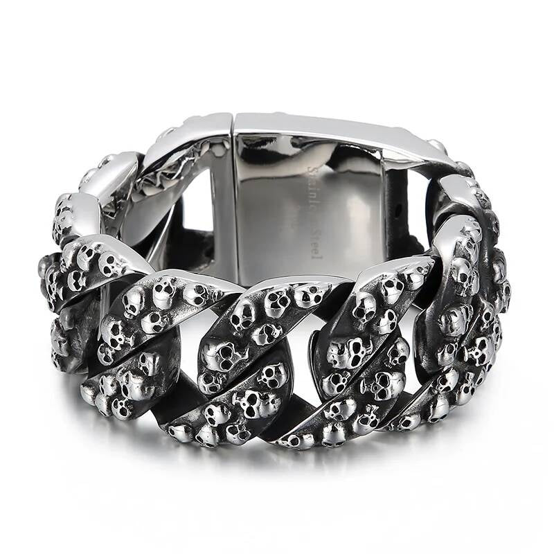 31m Large Ghost Head Cuban Bracelet Men 316L Stainless Steel Punk Skull Bone Jewelry Steel Color 22cm