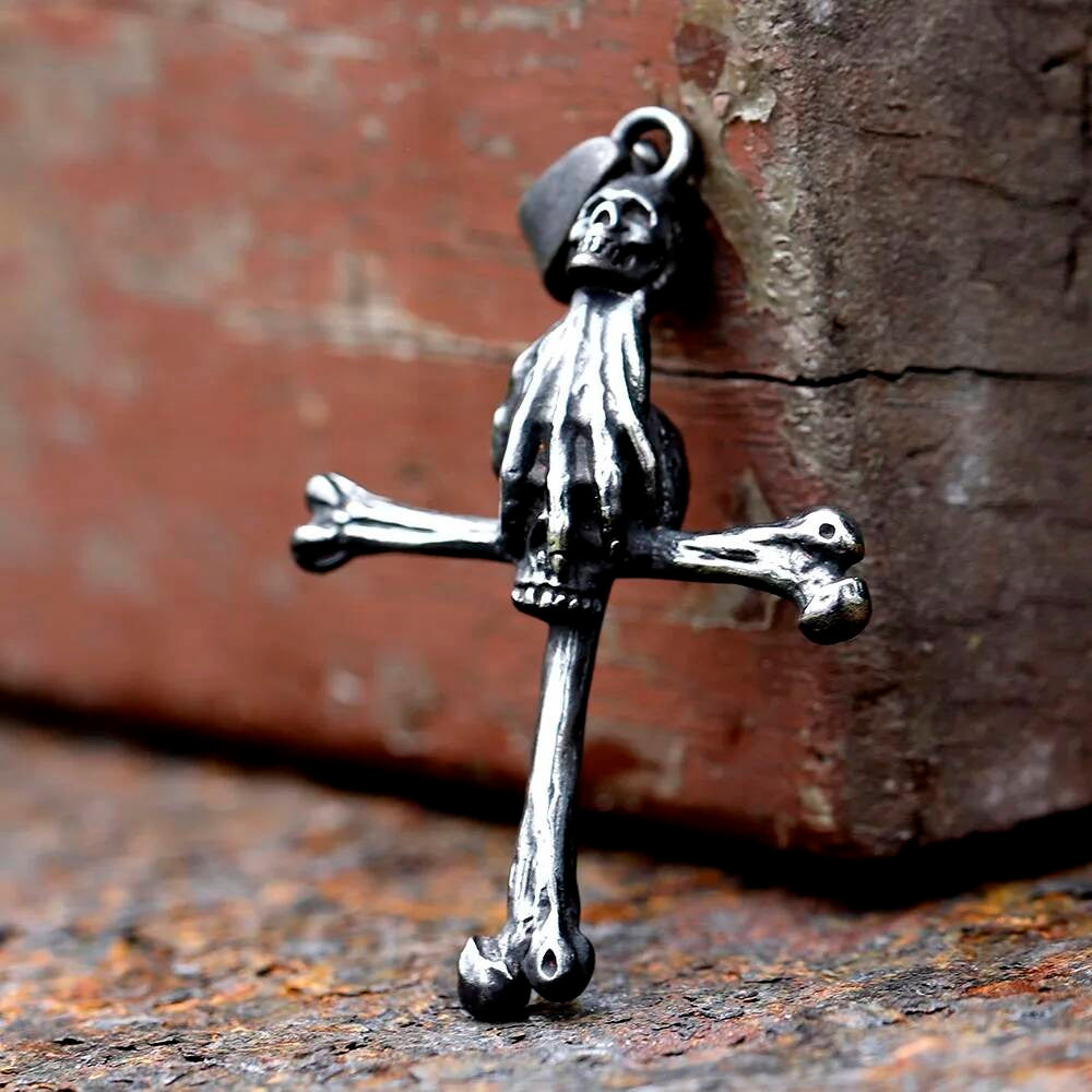 316L Stainless Steel Gothic Skull Hand Cross Pendant Necklace Punk Jewelry