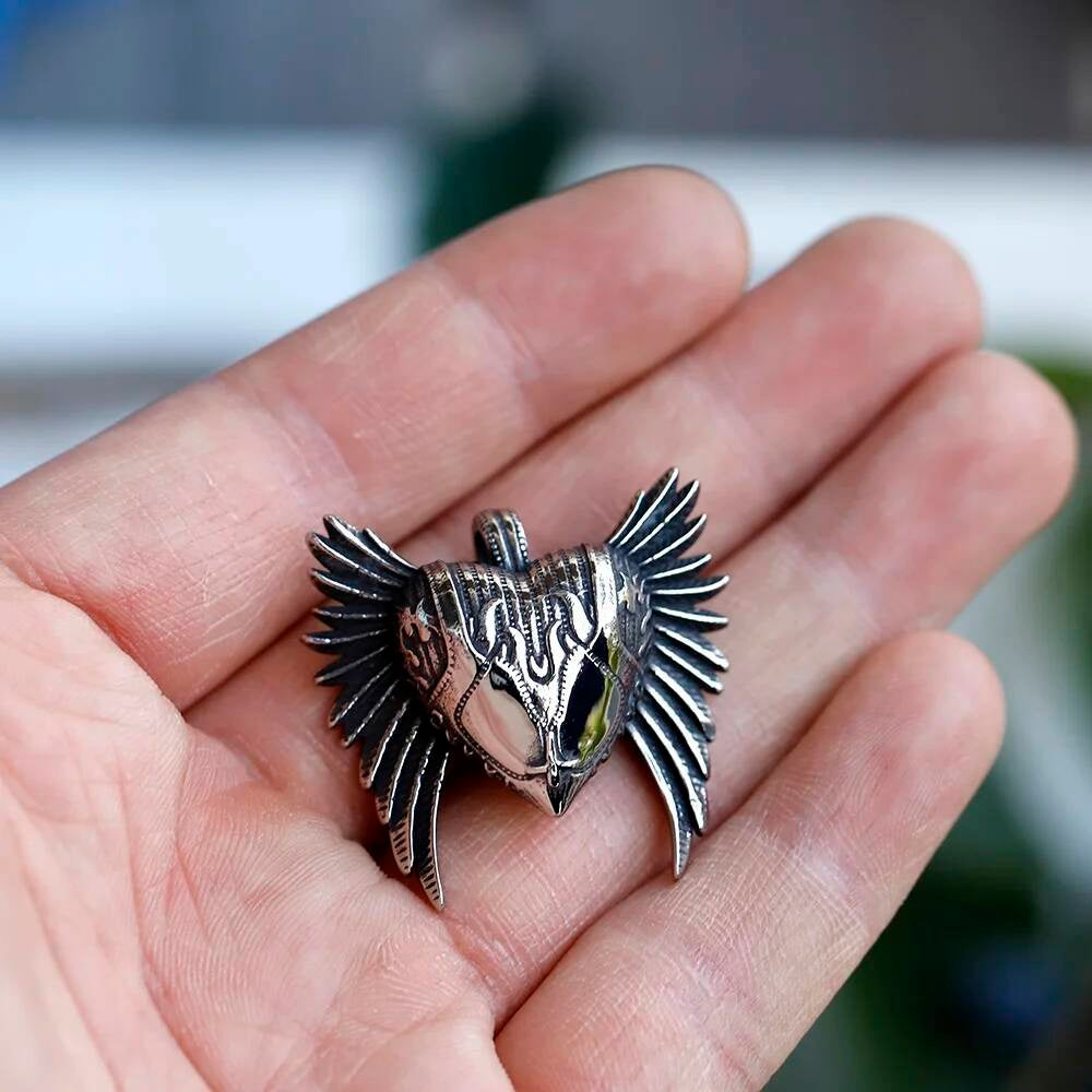 Winged Heart Baphomet Pendant – Gothic Stainless Steel Necklace
