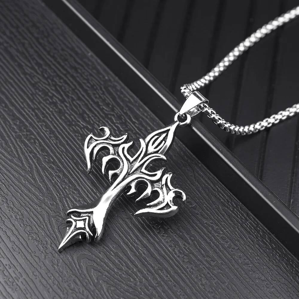 Vintage Flame Cross Pendant 60Cm Length Chain Necklace For Men Women Goth Jewelry Accessories