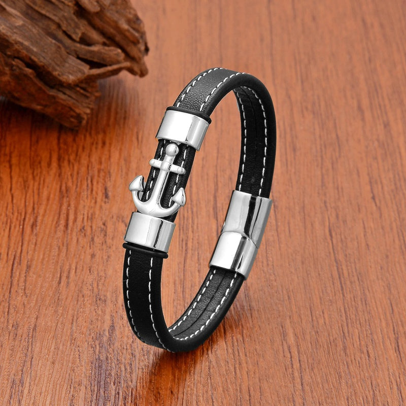 Navy Style Gold Plate Stainless Steel Anchor Bracelet Women, Fashion Handmade Leather Bracelets for Men, Mother's Day Gift White