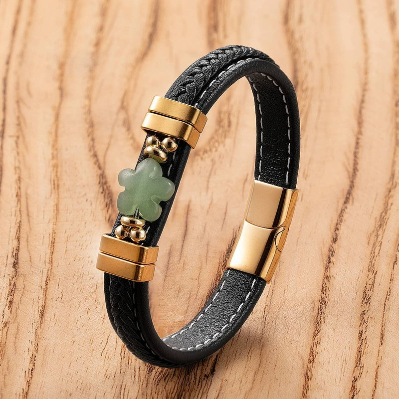 Black Braided Leather Bracelet with Green Jade Beads - Stylish Multi-Layer Magnetic Clasp Jewelry for Casual Wear and Gifts Gold-C