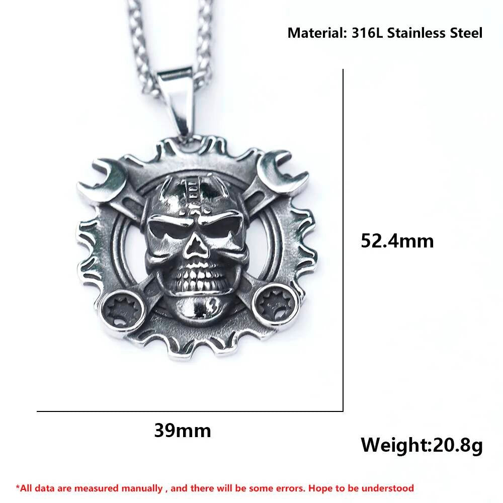 Skull with Wrenches Pendant Necklace, Industrial and Gothic Silver Jewelry