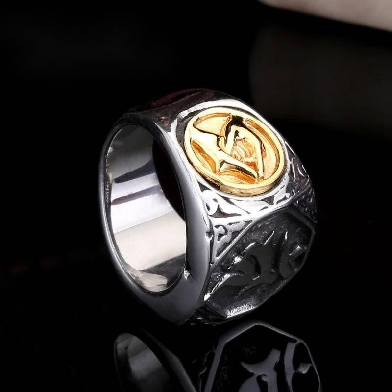 Gothic Stainless Steel Ring with Gold Skull & Engraved Symbol Design