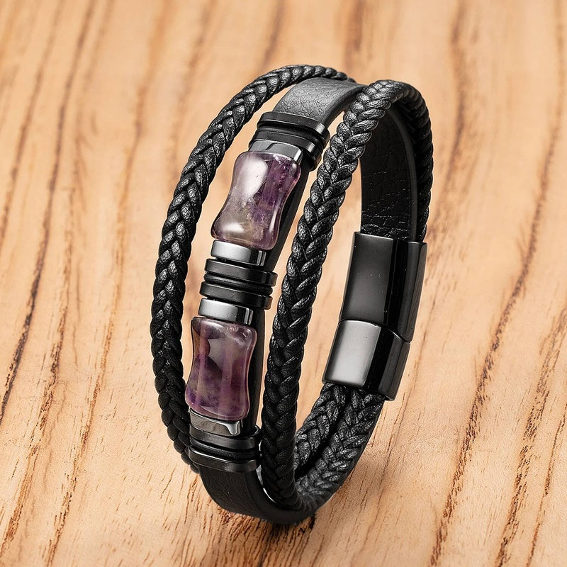 Black Braided Leather Bracelet with Green Jade Beads - Stylish Multi-Layer Magnetic Clasp Jewelry for Casual Wear and Gifts Style-B