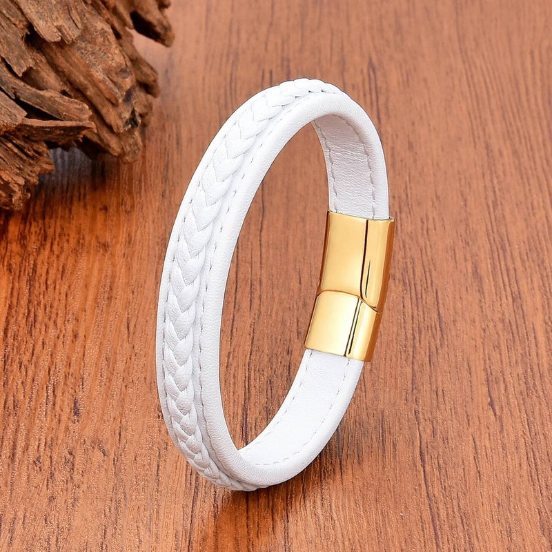 Vintage Men Europe and America Stainless Steel Magnet Open Bangle Multi-Size Woven Leather Hand Rope Classic Party Gift Present Style A-Gold