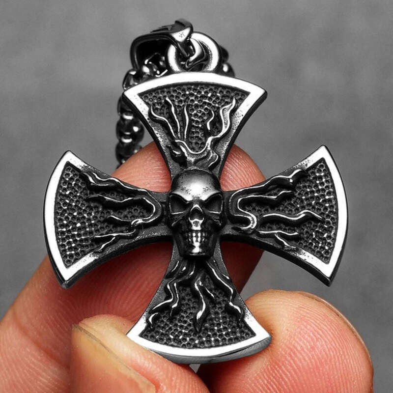 316L Stainless Steel Iron Cross Skull Pendant Necklace