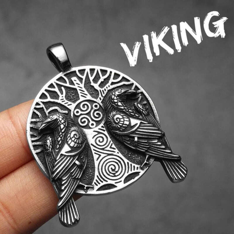 Odin’s Ravens Pendant – Huginn & Muninn Viking Necklace with Yggdrasil & Triskelion N1511-Only Pendant