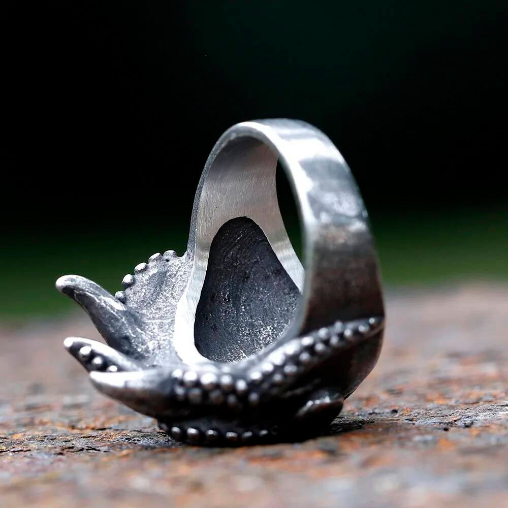 Goth Octopus Skull Ring - Stainless Steel Nautical Biker Jewelry for Men