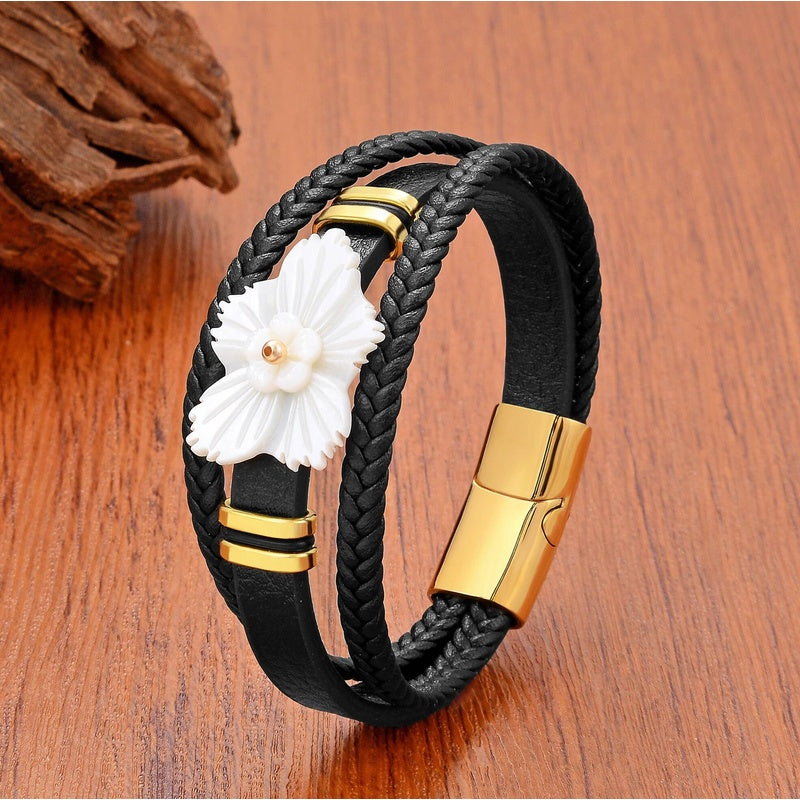 Black Braided Leather Bracelet with Green Jade Beads - Stylish Multi-Layer Magnetic Clasp Jewelry for Casual Wear and Gifts