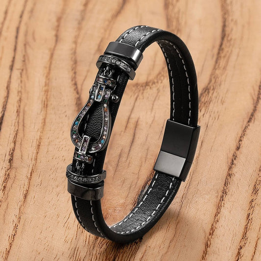 Vintage Woven Rope Wrap Stainless Steel Magnetic Buckle Genuine Leather Bracelets Jewelry Male Wrist Bangle Black