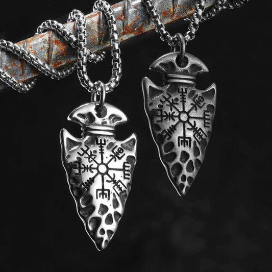 Viking Arrowhead Vegvisir Pendant Necklace – 316L Stainless Steel Norse Amulet