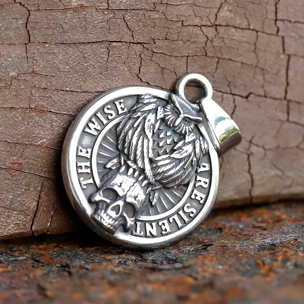 "The Wise Are Silent" Skull & Raven Pendant Necklace - Gothic Stainless Steel Jewelry