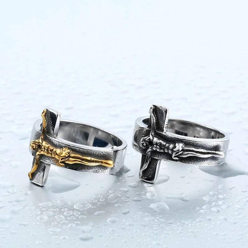 Vintage Jesus Cross Ring – 316L Stainless Steel Punk Faith Band