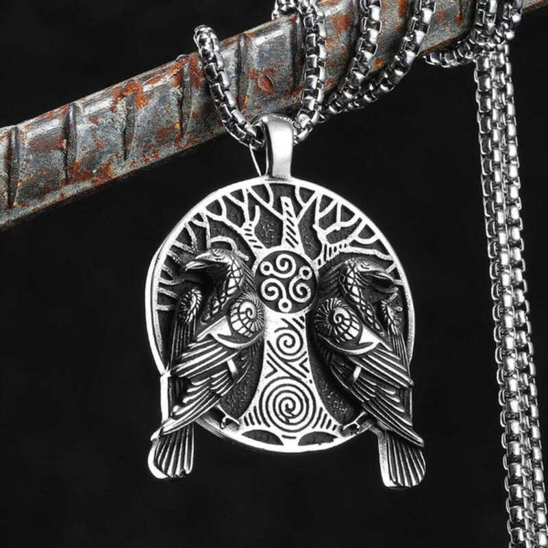 Odin’s Ravens Pendant – Huginn & Muninn Viking Necklace with Yggdrasil & Triskelion