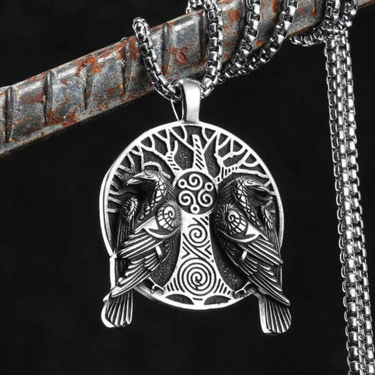 Odin’s Ravens Pendant – Huginn & Muninn Viking Necklace with Yggdrasil & Triskelion