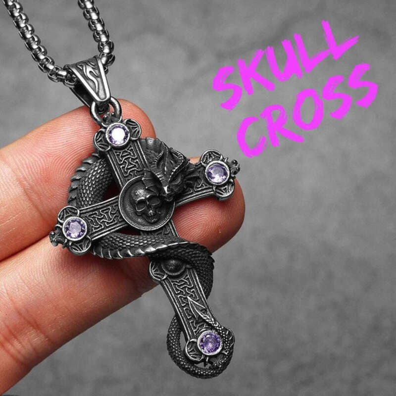 316L Stainless Steel Serpent Sword Cross Pendant Necklace with Gemstones N1362-With Chain-P