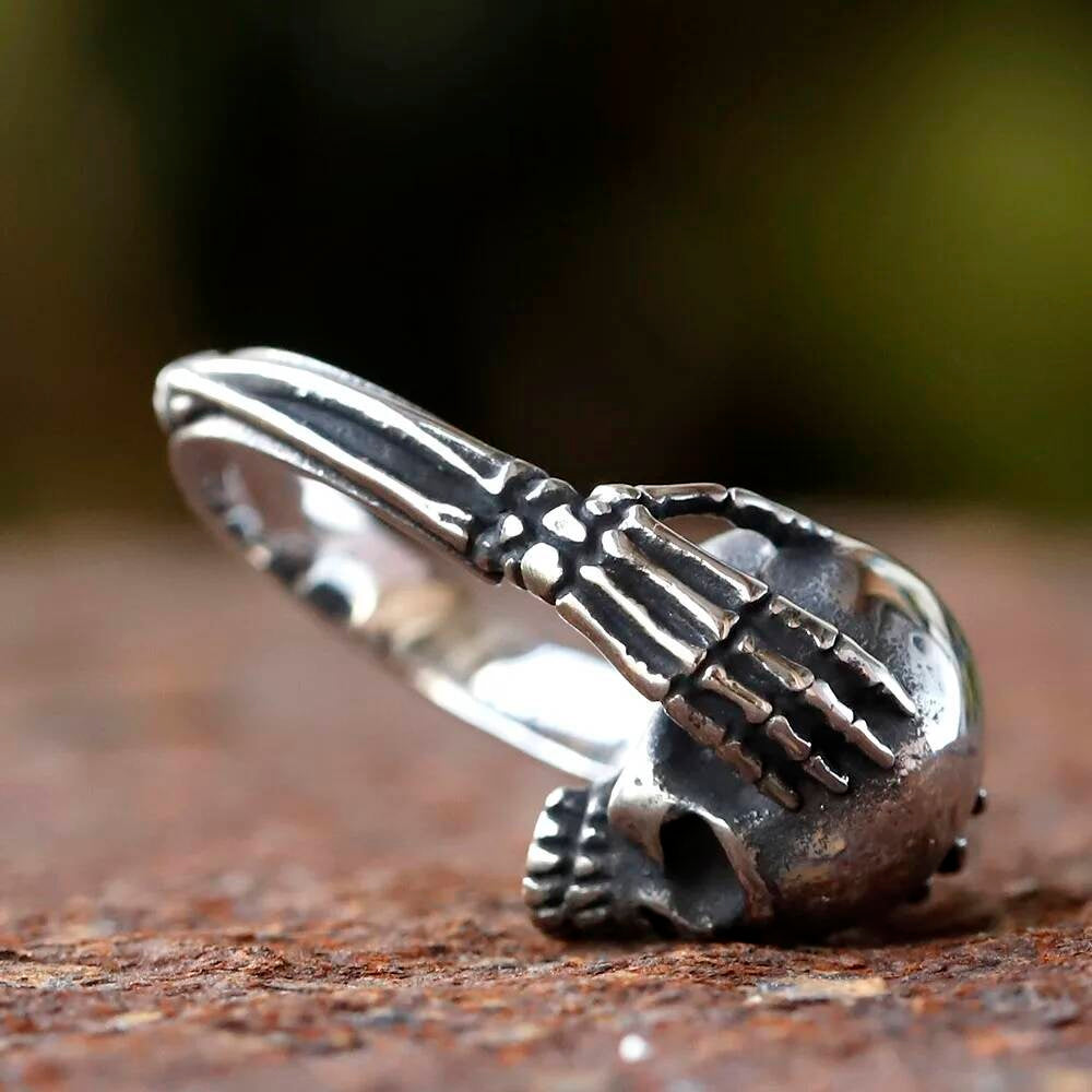 Vintage Hinged Skull Cuff Ring - Gothic Hip Hop Fashion Jewelry for Women