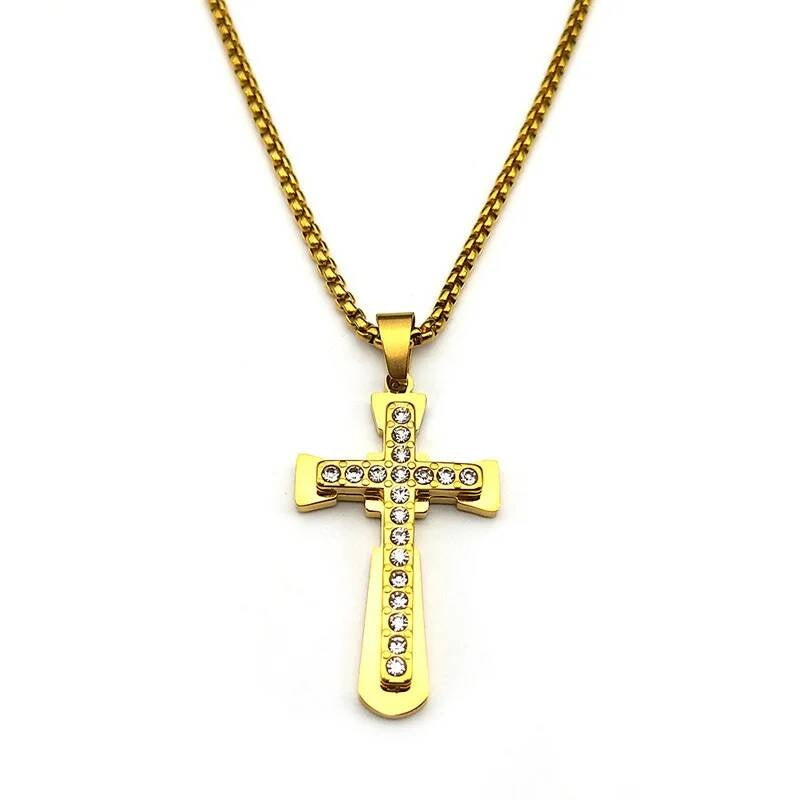 316L Stainless Steel Zircon Cross Chain Necklace Pendant For Men Women Religious Jewelry Accessory Gift