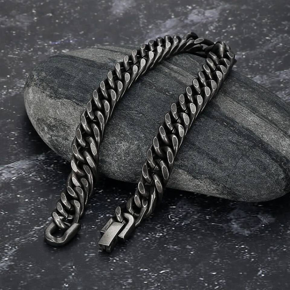 Vintage Black Stainless Steel Chain Bracelet – 316L Cuban Link for Men
