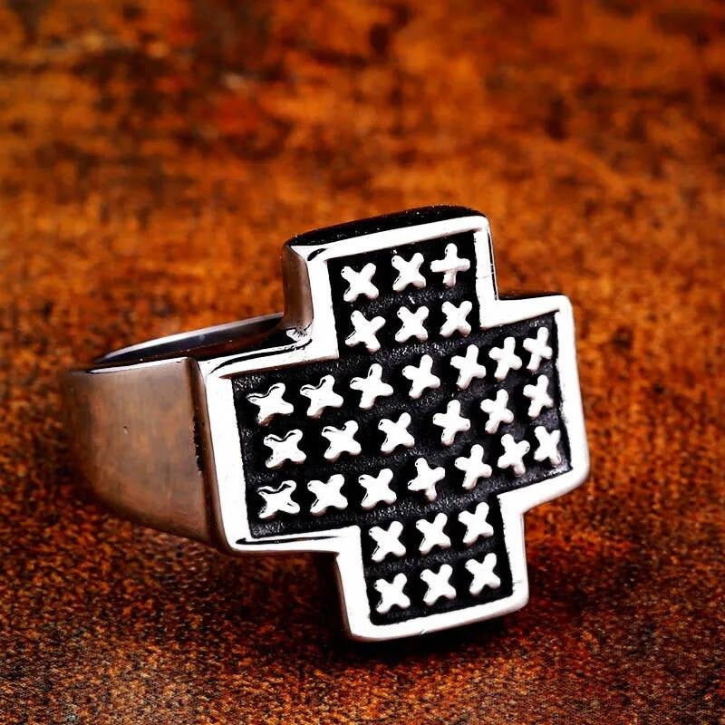 Gothic Cross Skull Ring – Stainless Steel Biker Punk Jewelry for Men silver colour