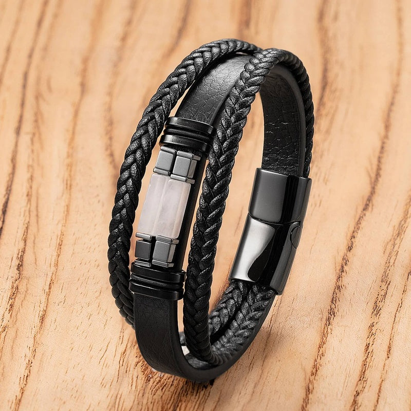 Black Braided Leather Bracelet with Green Jade Beads - Stylish Multi-Layer Magnetic Clasp Jewelry for Casual Wear and Gifts Style-J