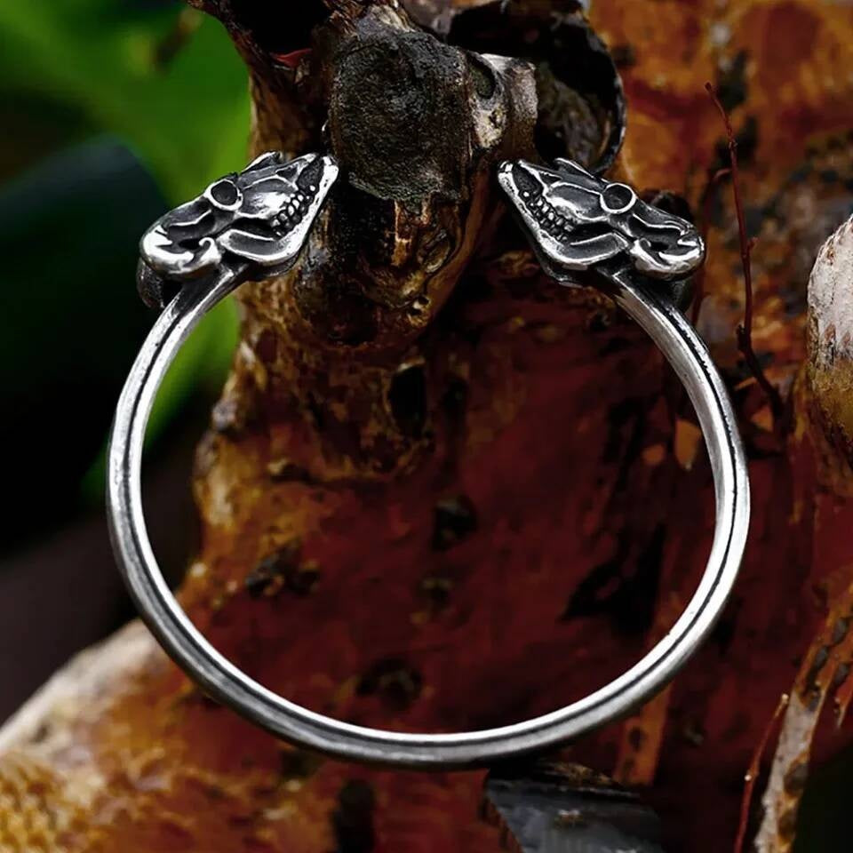 Viking Wolf Head Open Bangle – Stainless Steel Norse Bracelet