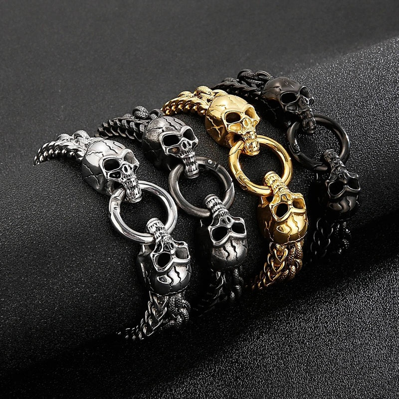 Punk Double Layer Chain Bracelet Men Stainless Steel Evil Skull Ghost Wristband Jewelry