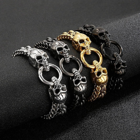 Punk Double Layer Chain Bracelet Men Stainless Steel Evil Skull Ghost Wristband Jewelry